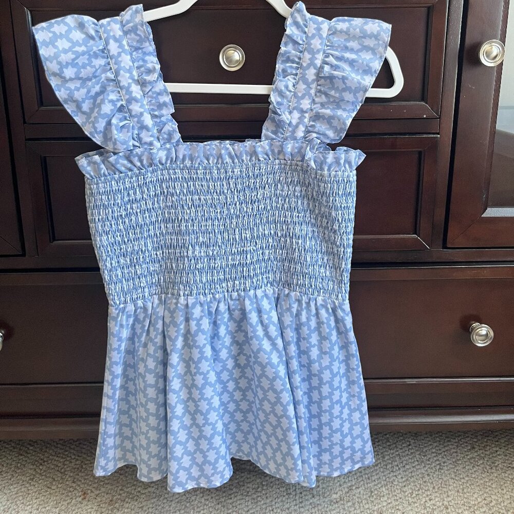Smocked Ruffle Strap Tank Top - Light Blue Star Print